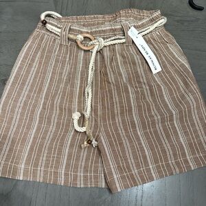 Brown Striped High Waist Shorts with Rope Belt